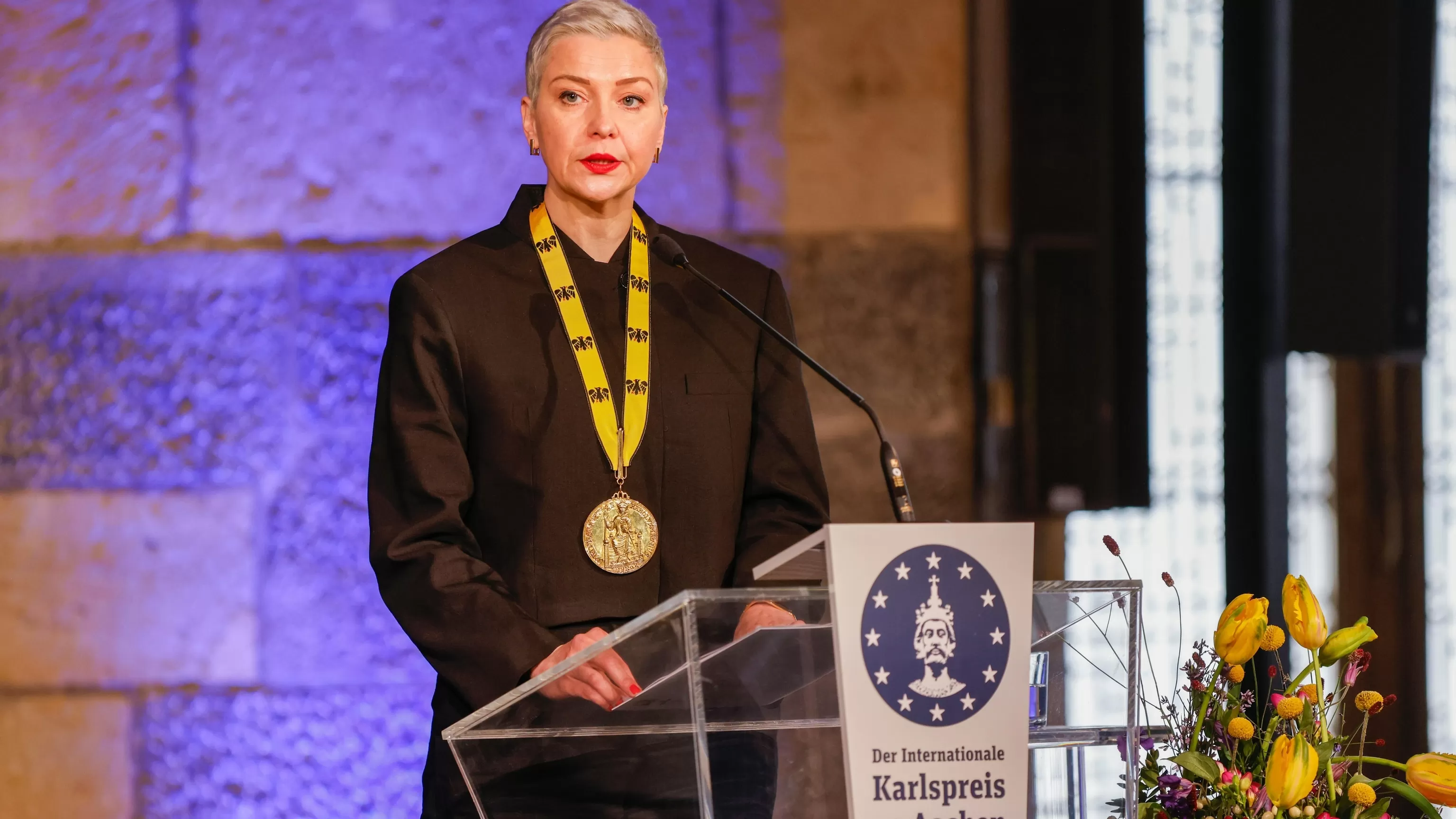 Belarus opposition figure picks up prize she was awarded while in prison